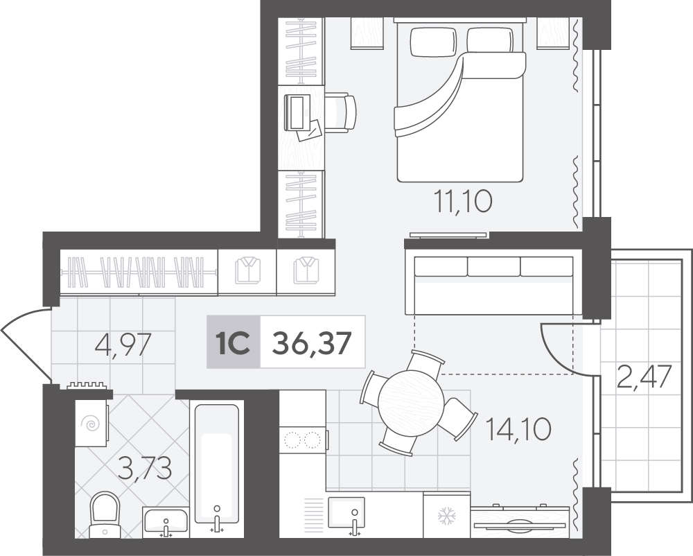 Планировка: Евродвушка 36.4 м² в ЖК Скандиа. Квартал в Комарово Парк, Комарово Парк