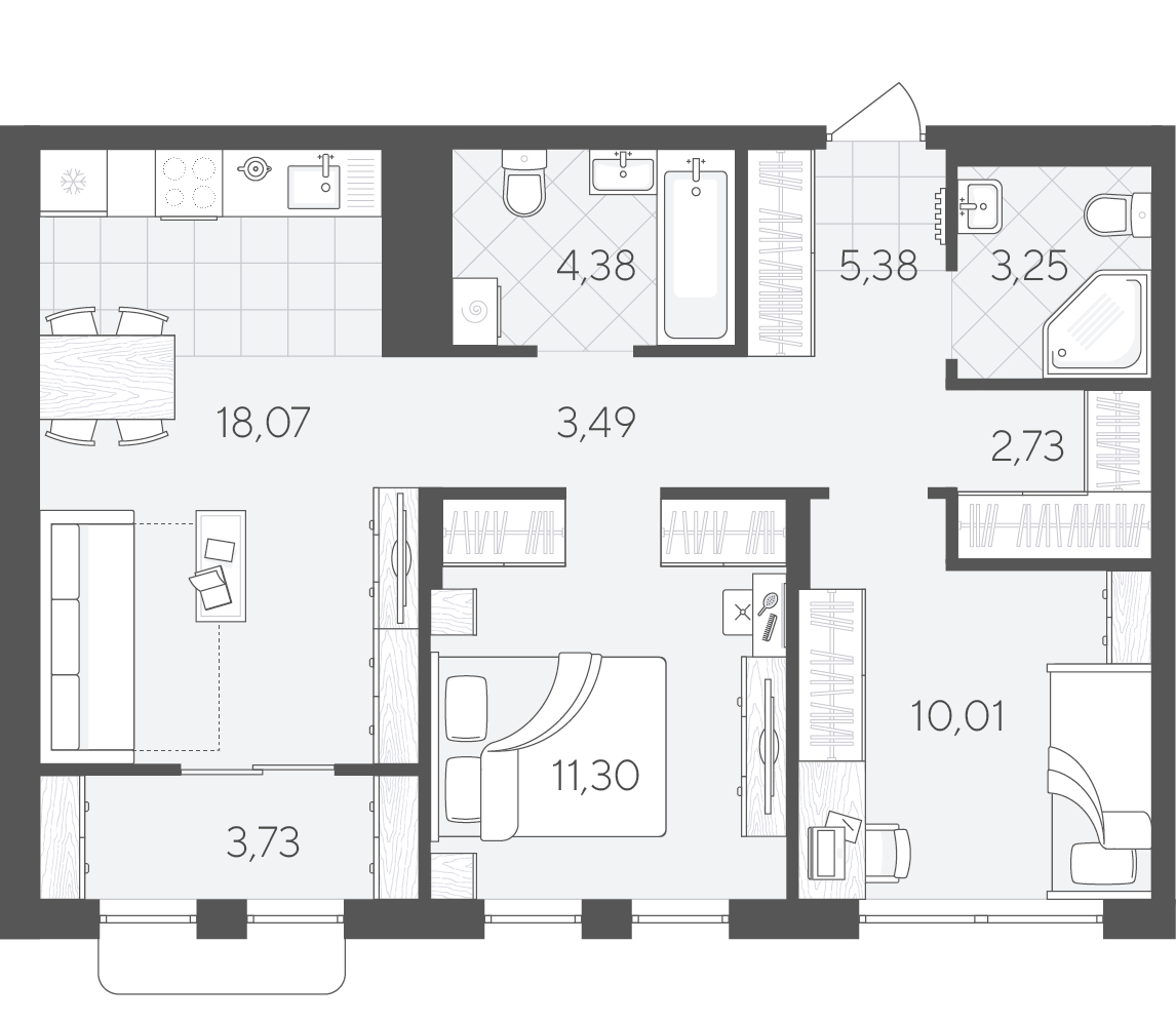 Планировка: Евротрешка 62.3 м² в ЖК Скандиа. Квартал в Комарово Парк, Комарово Парк