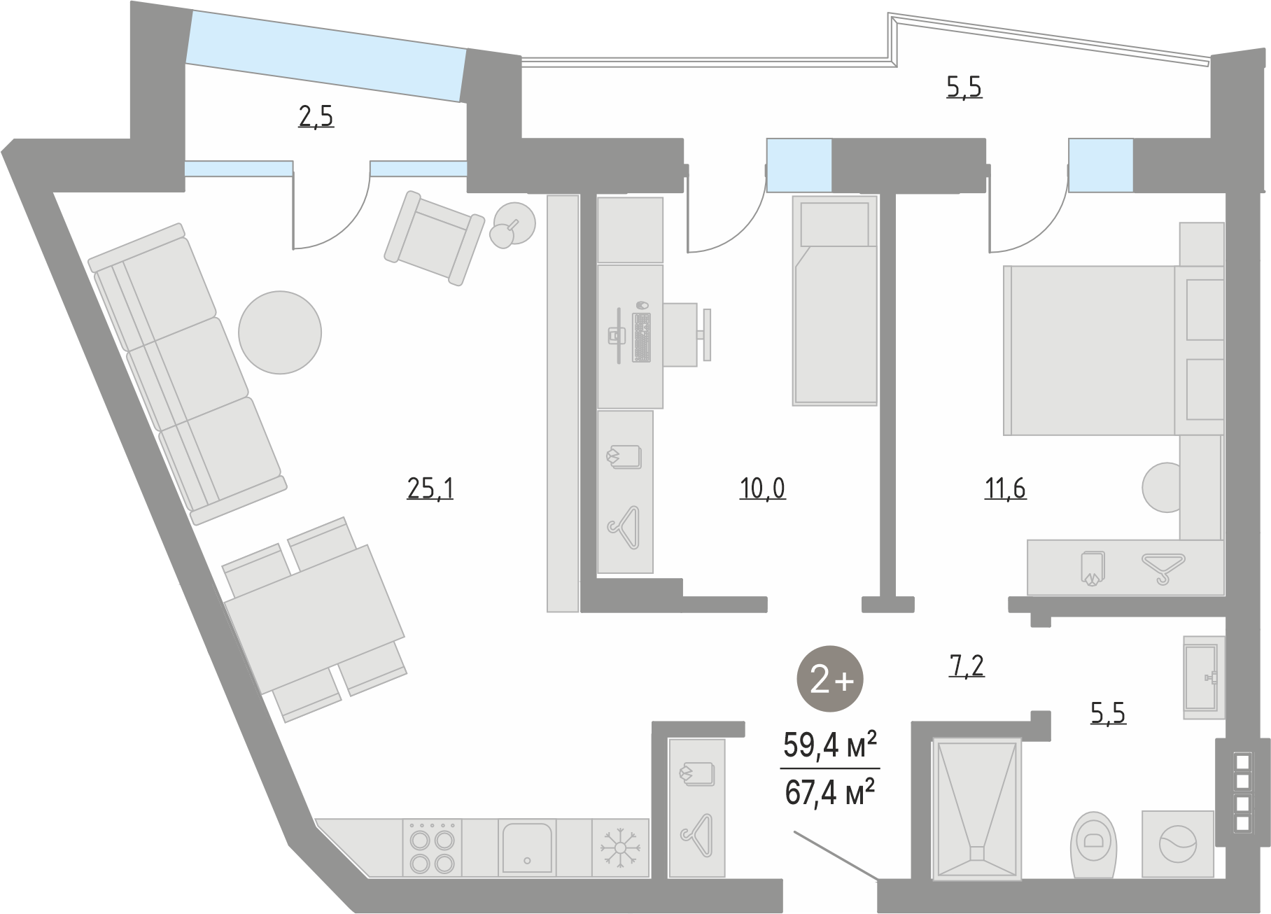 Планировка: Евротрешка 59.4 м² в ЖК Кипрея, Область