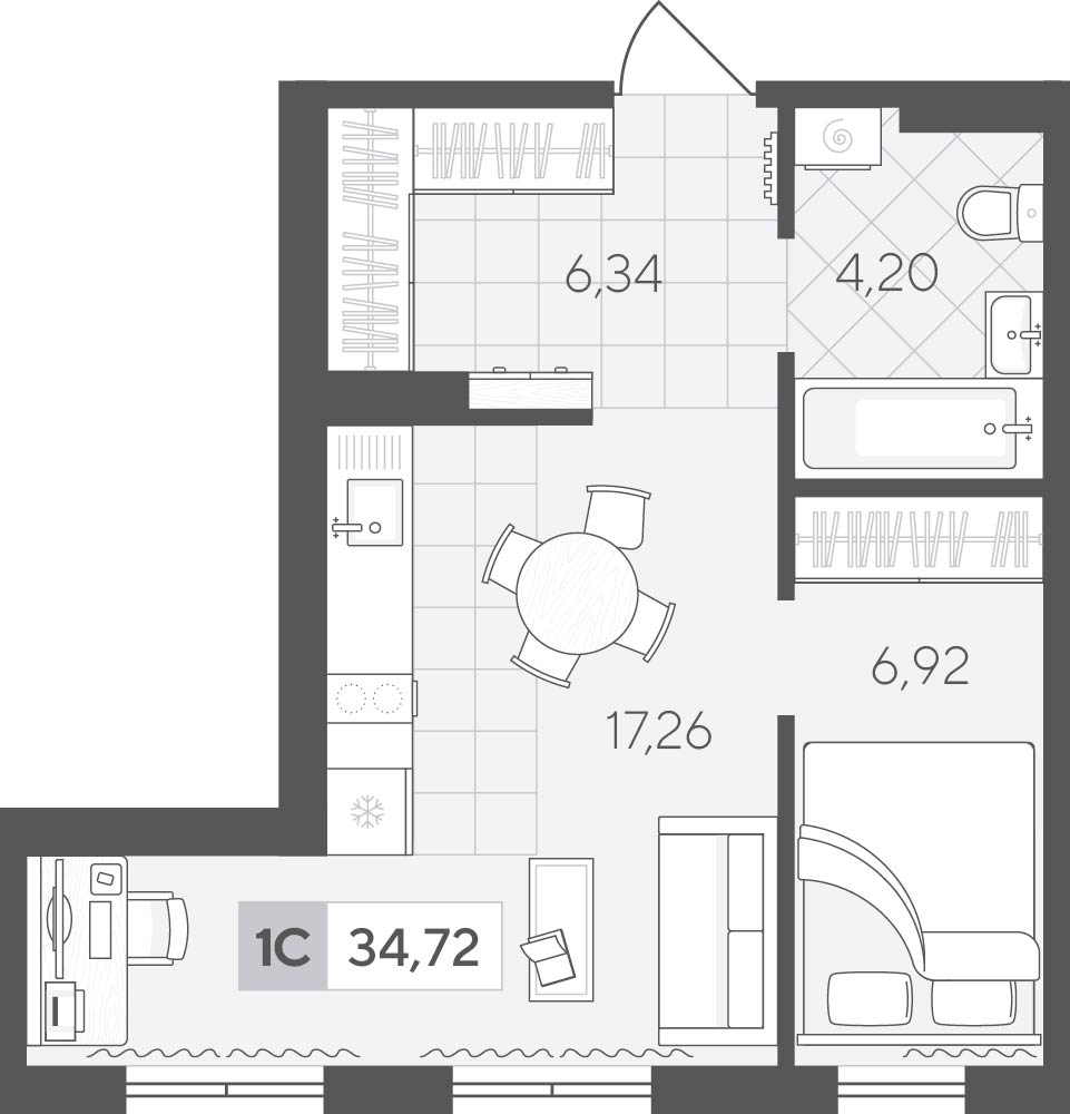 Планировка: Евродвушка 34.7 м² в ЖК Скандиа. Квартал у озера, Лесобаза