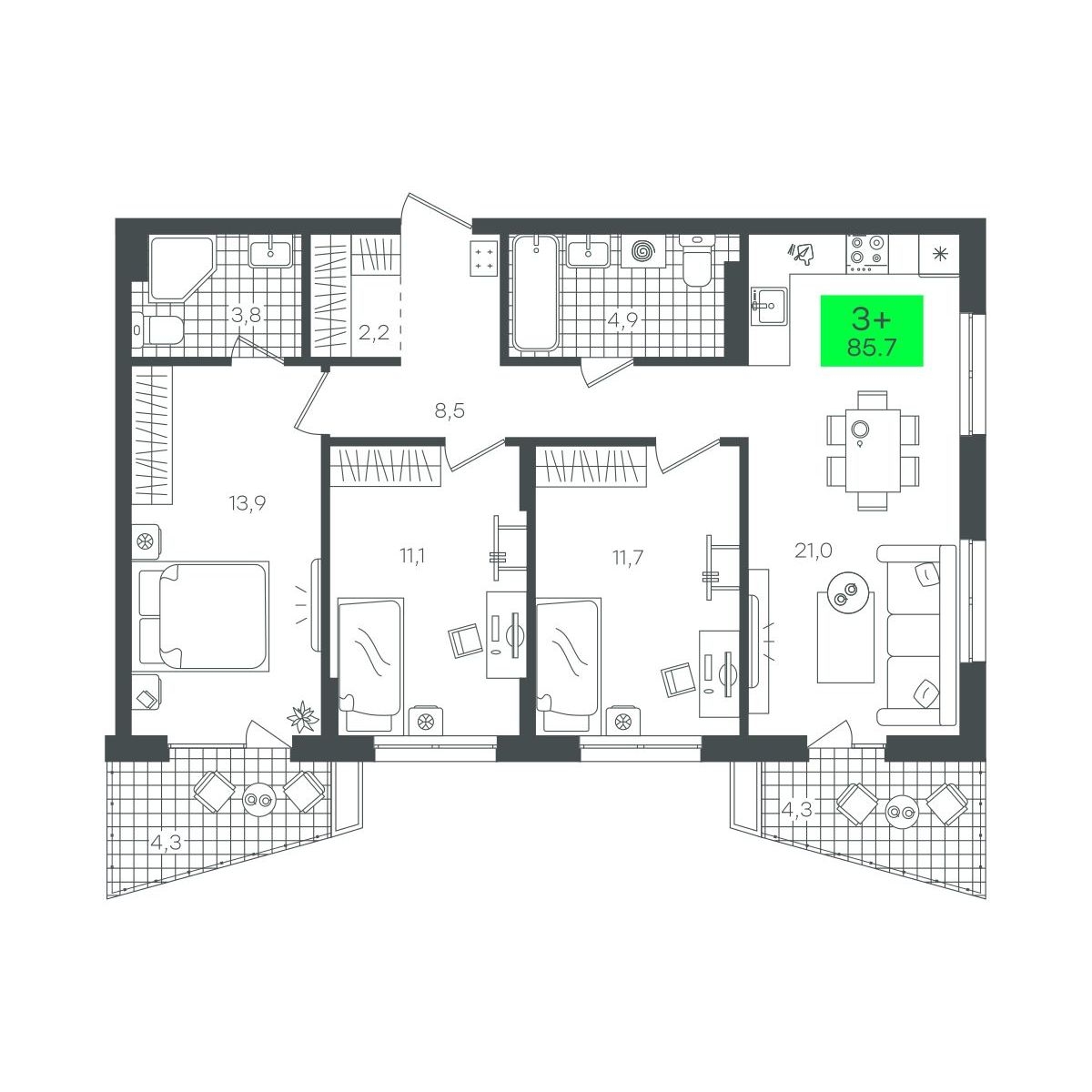 Планировка: 4-комнатная евро 85.7 м² в ЖК Сезоны, От Слободы до Комарово парк