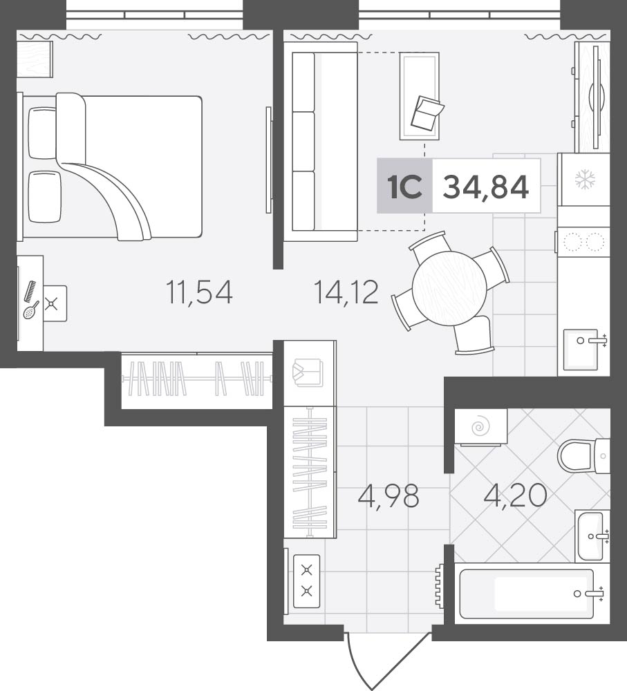 Планировка: Евродвушка 34.8 м² в ЖК Скандиа. Квартал у озера, Лесобаза