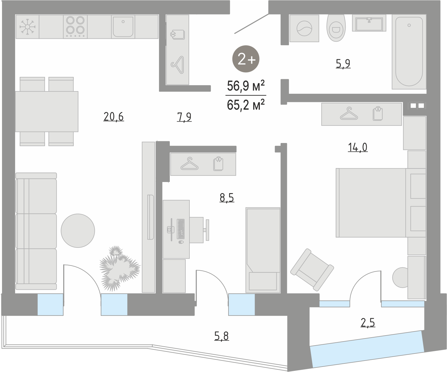 Планировка: Евротрешка 56.9 м² в ЖК Кипрея, Область