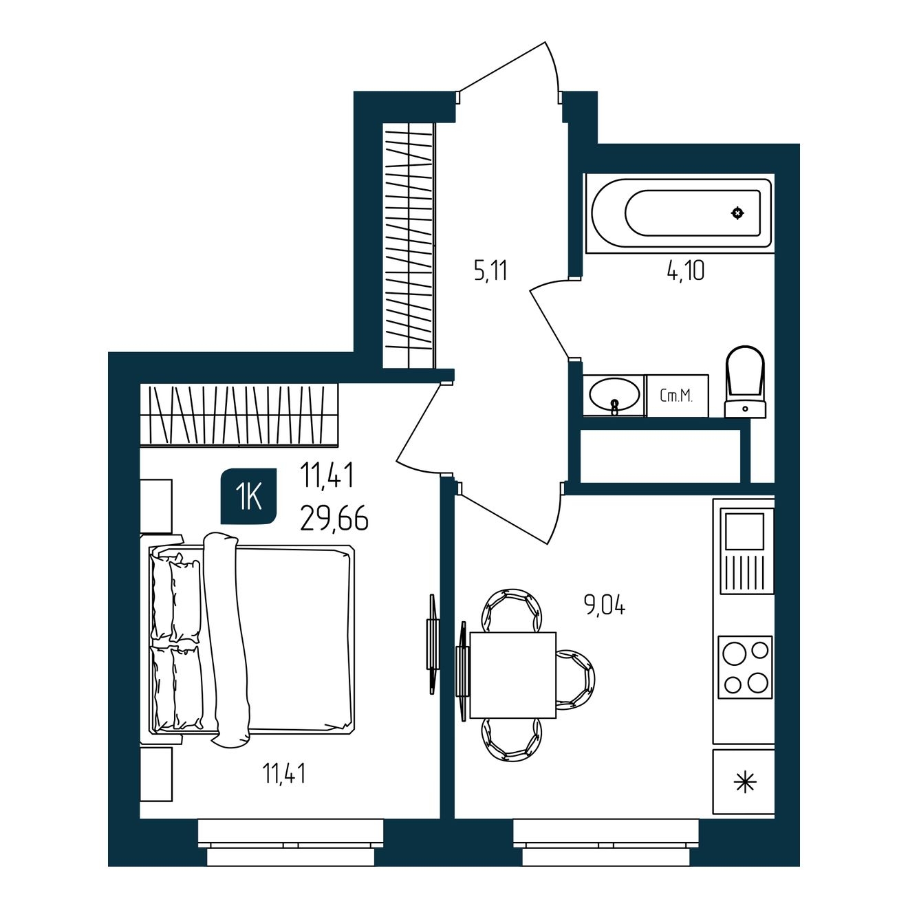 Планировка: 1-комнатная 29.7 м² в ЖК Квартал мятный, Мыс