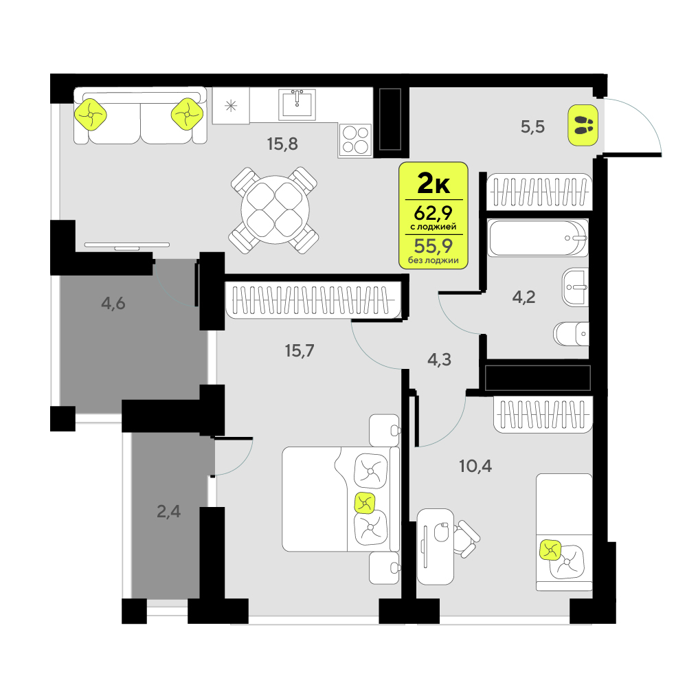 Планировка: Евротрешка 62.9 м² в ЖК Мотивы, От Плеханова до Южного