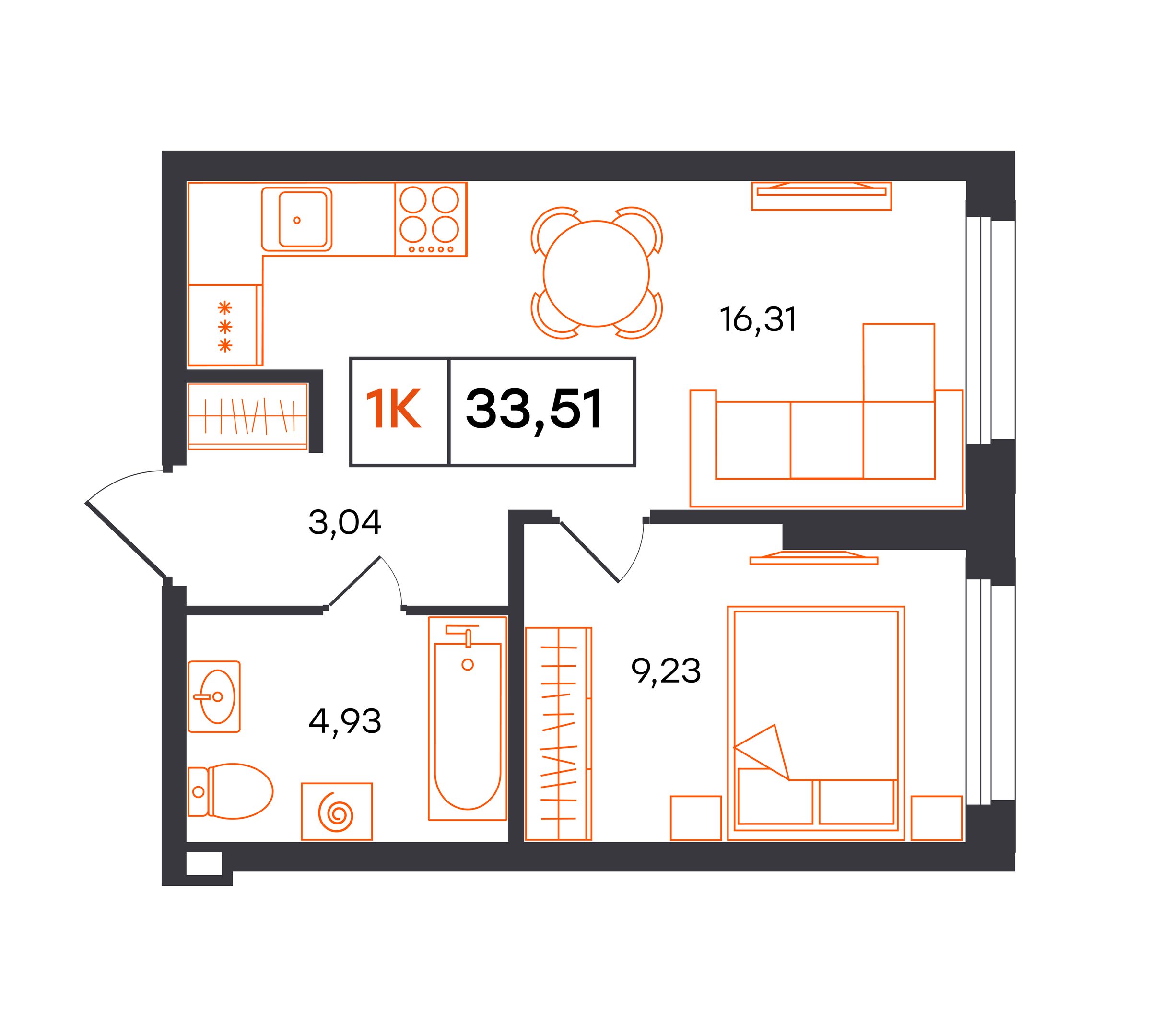 Планировка: Евродвушка 33.5 м² в ЖК Фатера, Дом Обороны