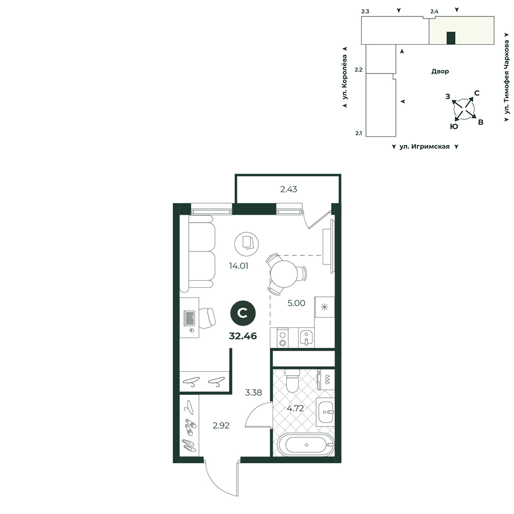 Планировка: Студия 32.5 м² в ЖК Игрим, От Тарманов до Тобольского тракта