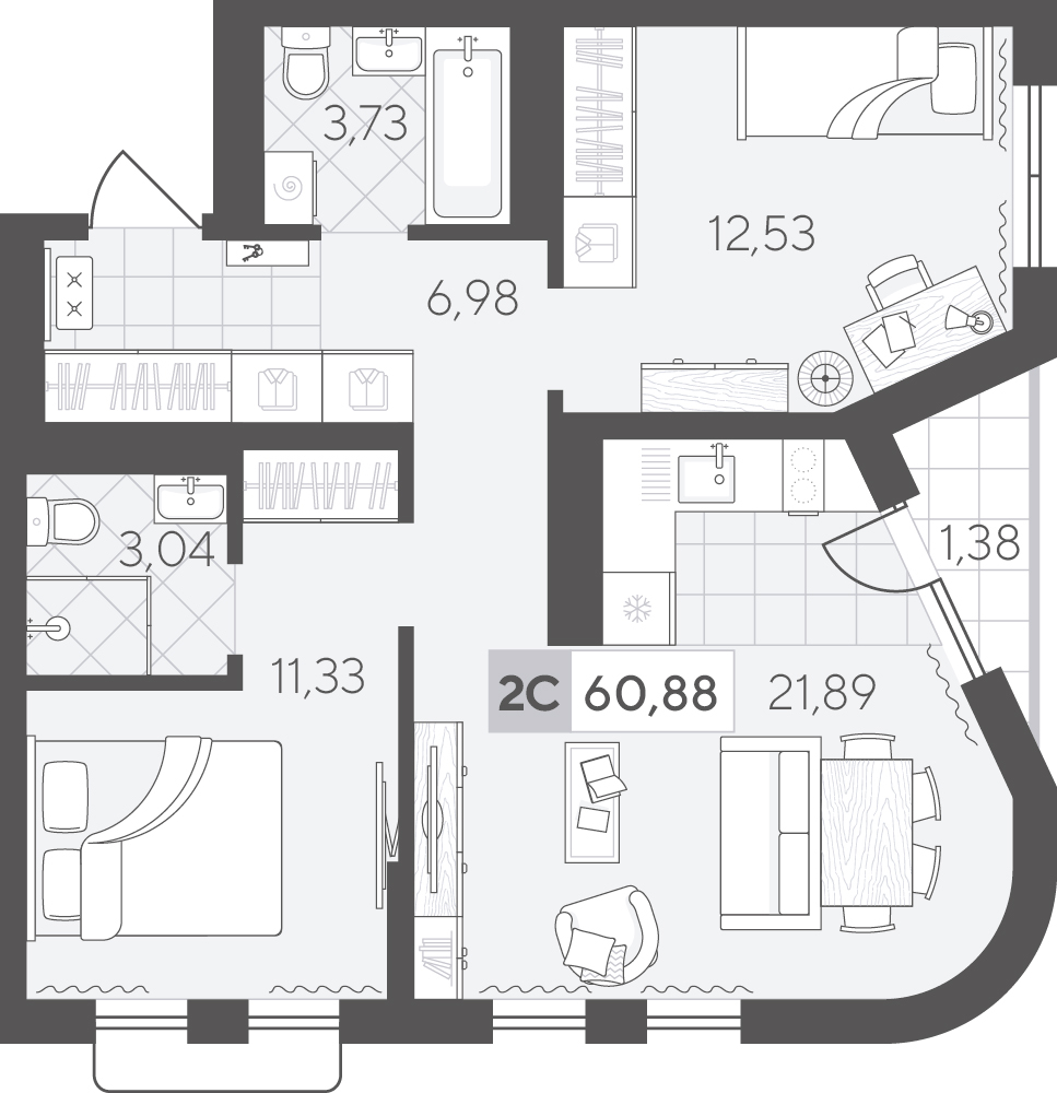 Планировка: Евротрешка 60.9 м² в ЖК Скандиа. Квартал в Комарово Парк, Комарово Парк