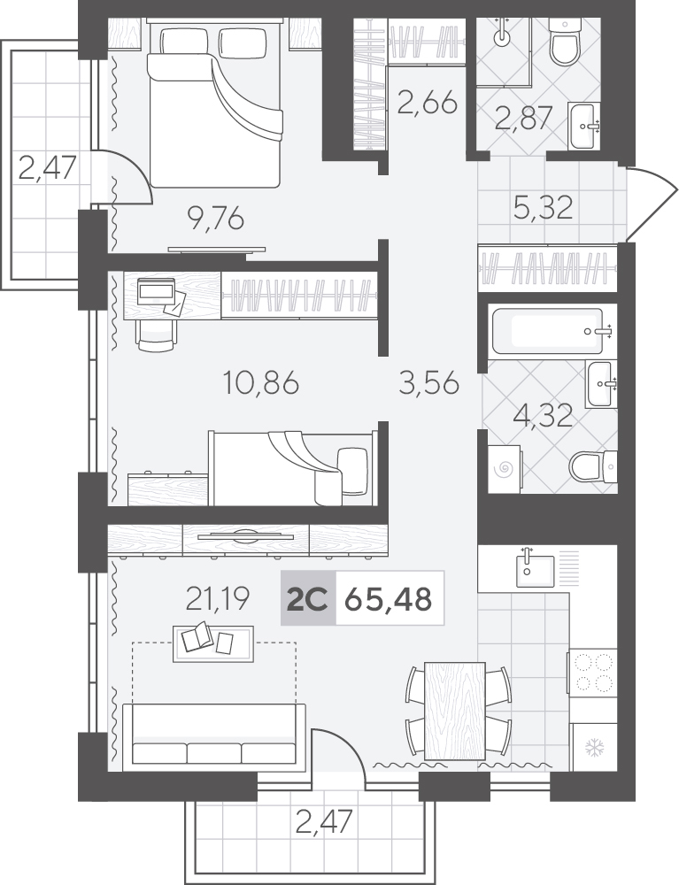 Планировка: Евротрешка 65.5 м² в ЖК Скандиа. Квартал в Комарово Парк, Комарово Парк