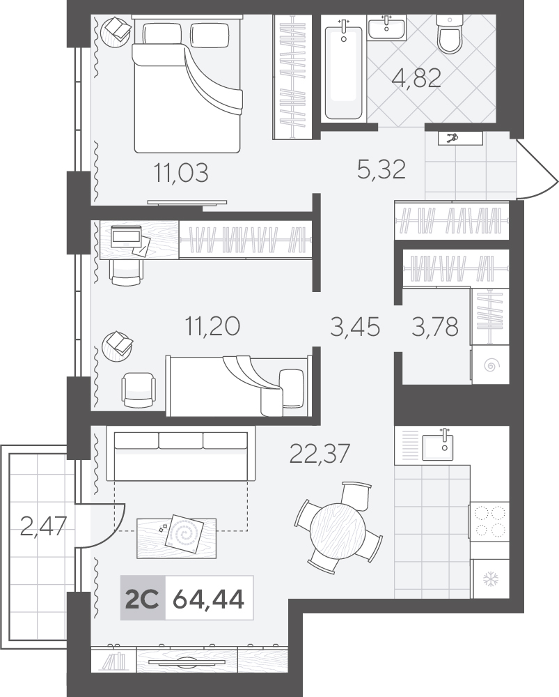 Планировка: Евротрешка 64.4 м² в ЖК Скандиа. Квартал в Комарово Парк, Комарово Парк