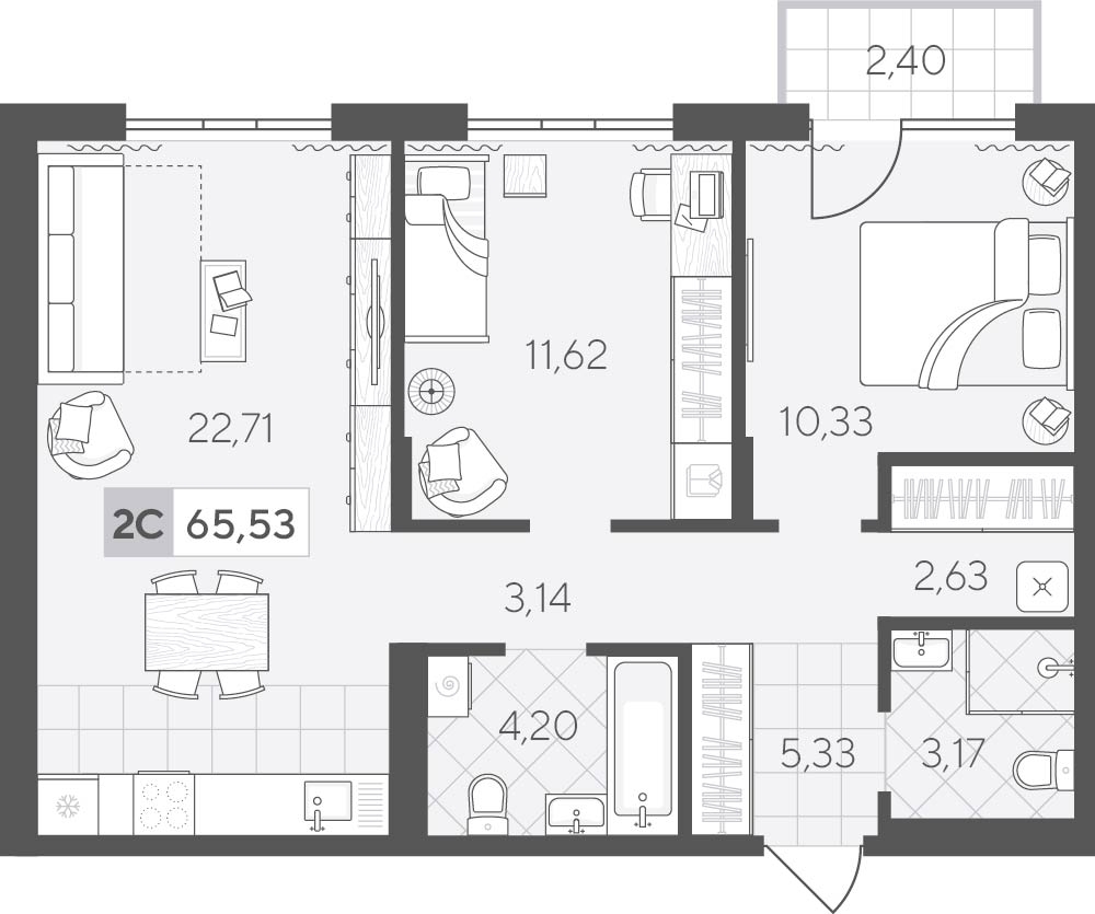 Планировка: Евротрешка 65.5 м² в ЖК Скандиа. Квартал у озера, Лесобаза