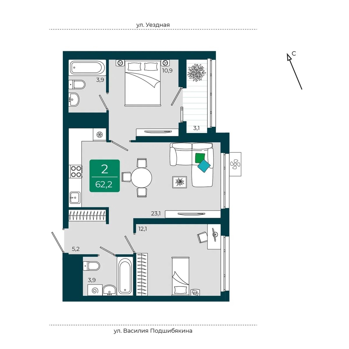 Планировка: Евротрешка 62.2 м² в ЖК Уездные кварталы, Тюменская слобода