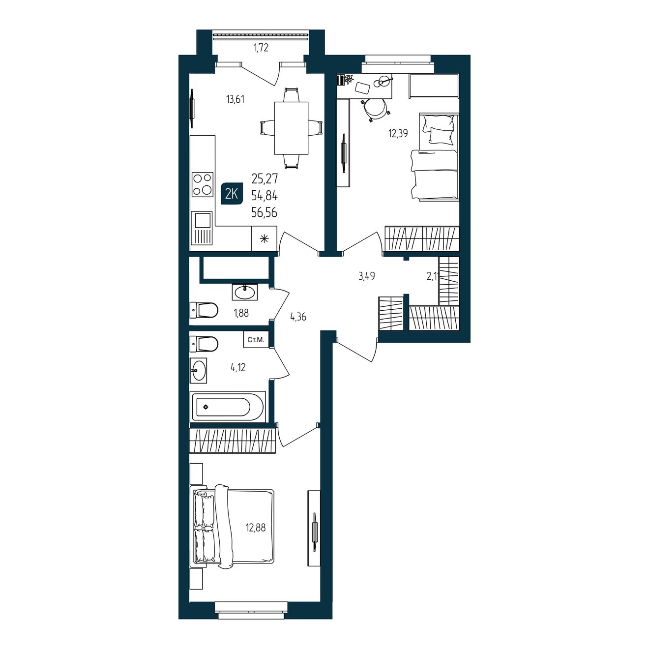 Планировка: Евротрешка 54.8 м² в ЖК Квартал мятный, Мыс
