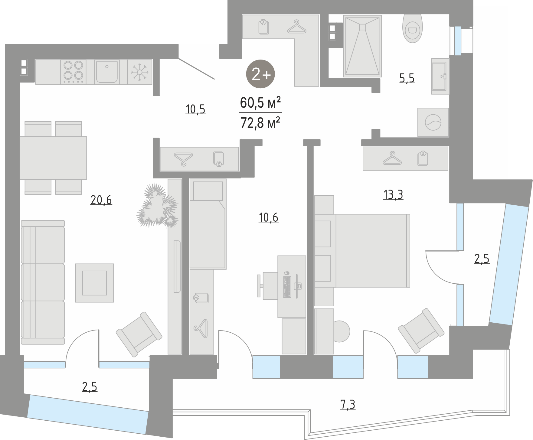 Планировка: Евротрешка 60.5 м² в ЖК Кипрея, Область