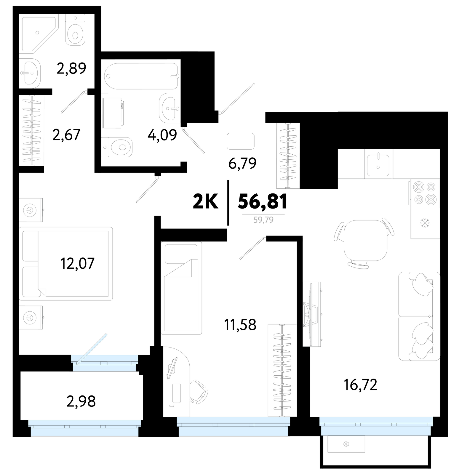 Планировка: Евротрешка 56.8 м² в ЖК Символ, Комарово Парк