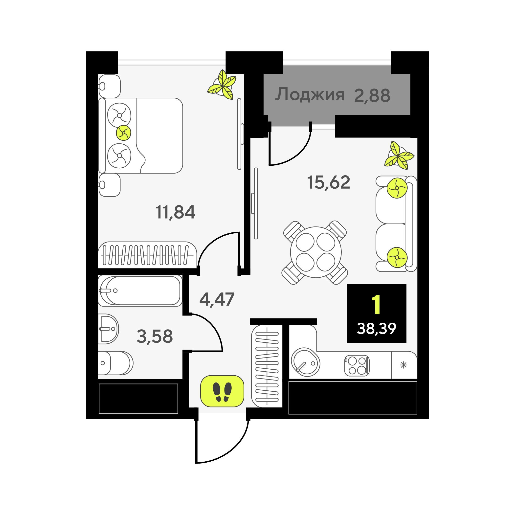 Планировка: Евродвушка 38.4 м² в ЖК Мотивы, От Плеханова до Южного