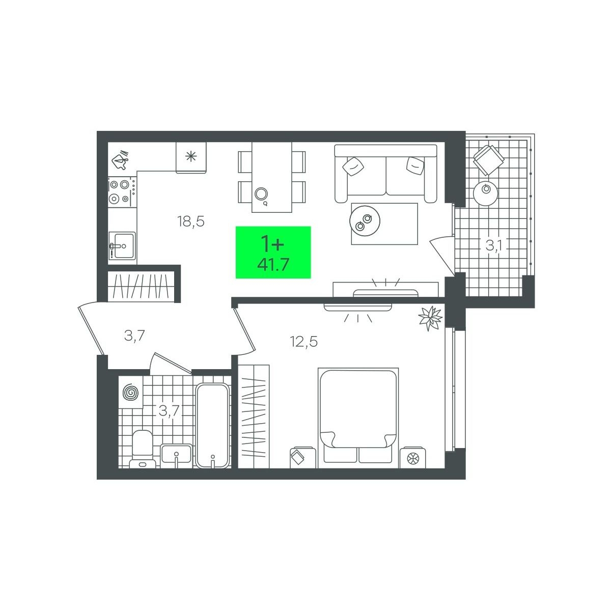 Планировка: Евродвушка 41.8 м² в ЖК Сезоны, От Слободы до Комарово парк