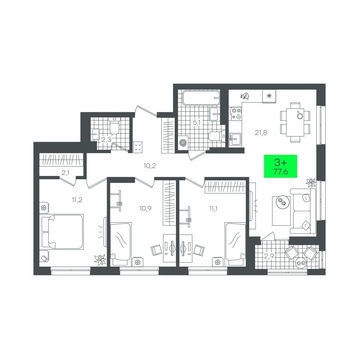 Планировка: 4-комнатная евро 77.6 м² в ЖК Сезоны, От Слободы до Комарово парк