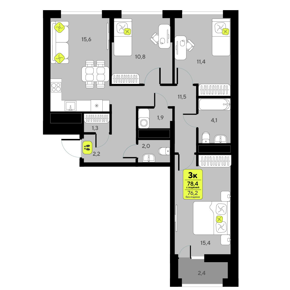 Планировка: 4-комнатная евро 78.6 м² в ЖК Мотивы, От Плеханова до Южного