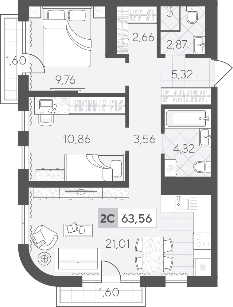 Планировка: Евротрешка 63.6 м² в ЖК Скандиа. Квартал в Комарово Парк, Комарово Парк
