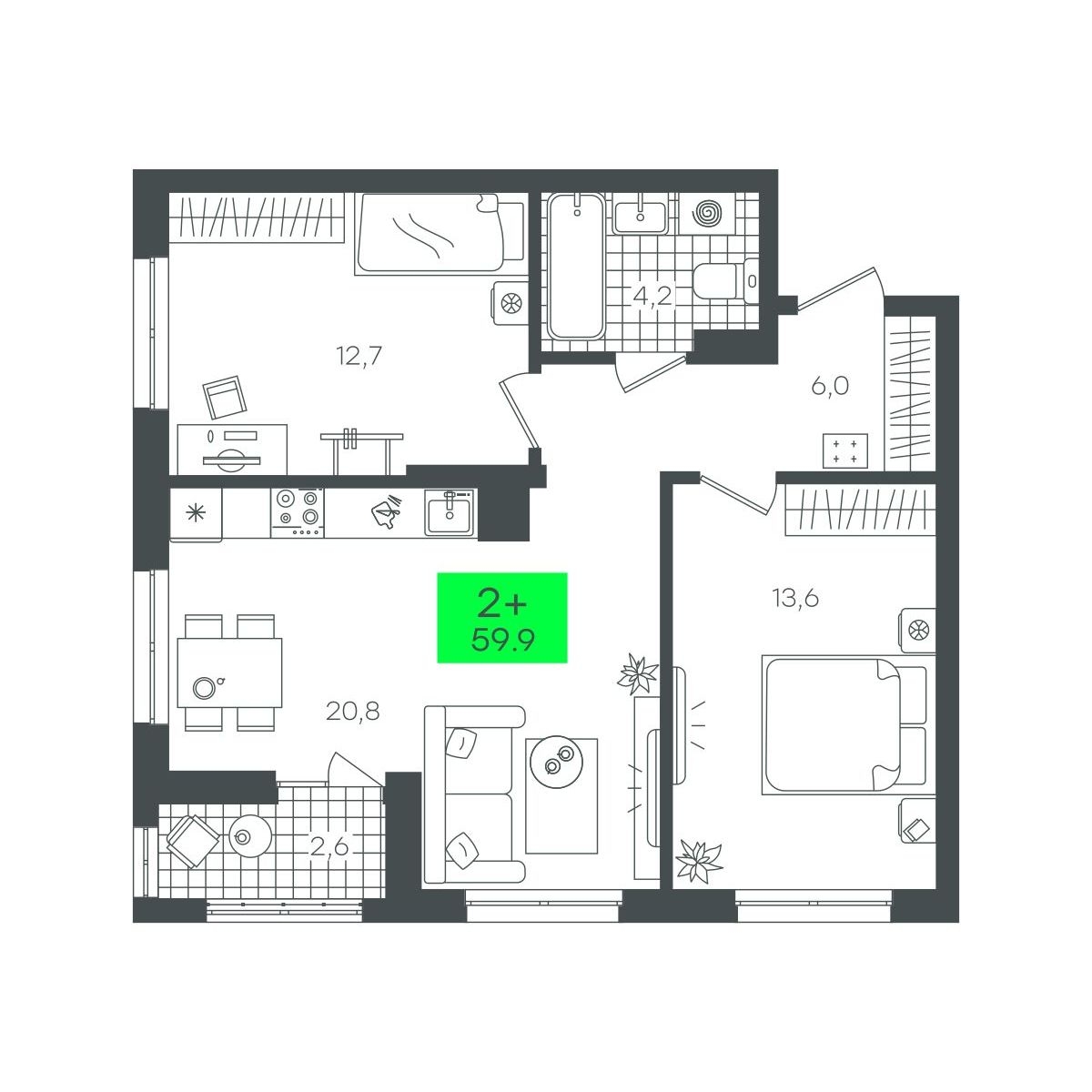 Планировка: Евротрешка 59.9 м² в ЖК Сезоны, От Слободы до Комарово парк