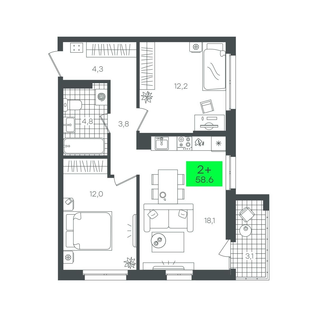 Планировка: Евротрешка 58.6 м² в ЖК Сезоны, От Слободы до Комарово парк