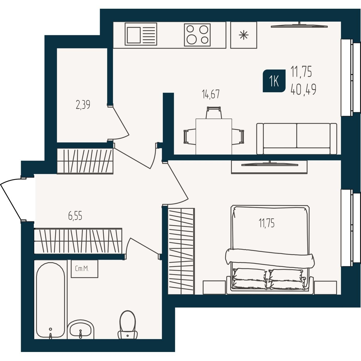 Планировка: Евродвушка 40.5 м² в ЖК Квартал мятный, Мыс
