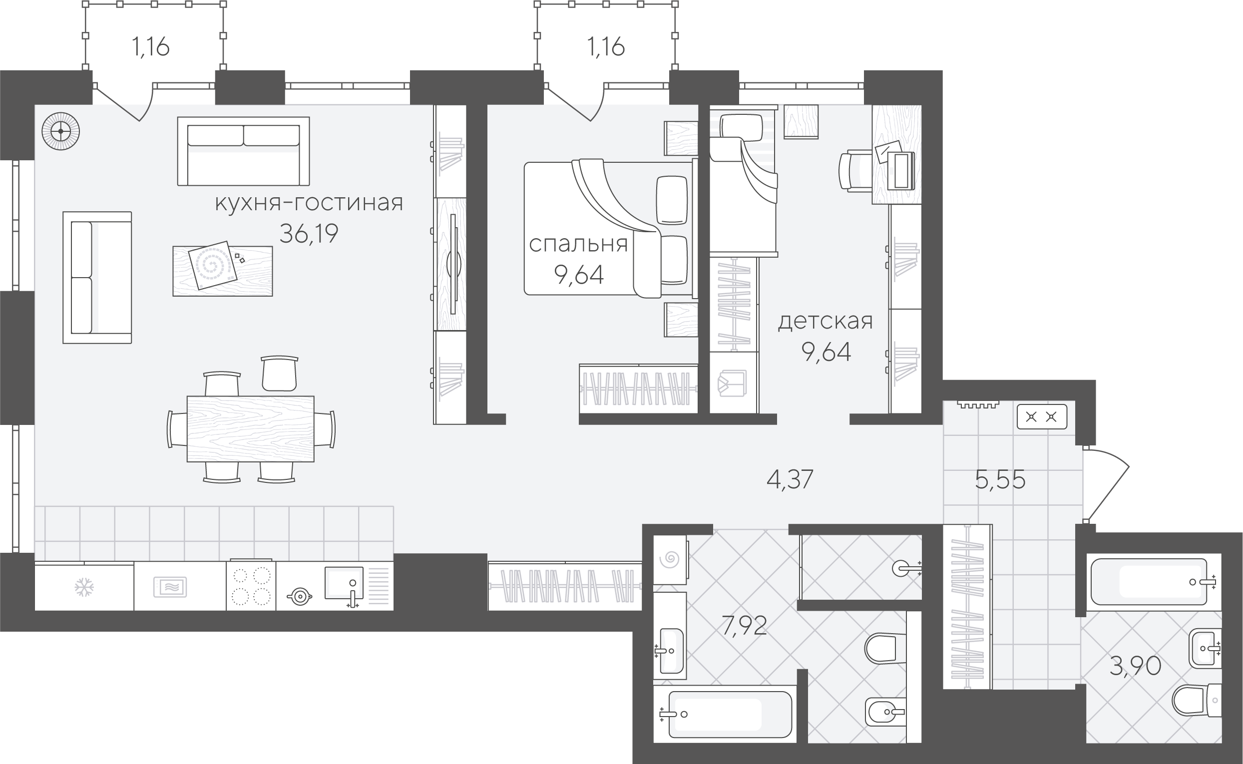 Планировка: Евротрешка 79.5 м² в ЖК Скандиа. Квартал в Комарово Парк, Комарово Парк