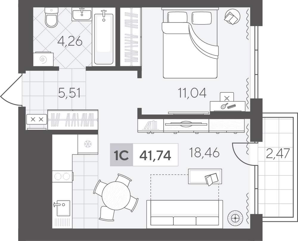 Планировка: Евродвушка 41.7 м² в ЖК Скандиа. Квартал в Комарово Парк, Комарово Парк