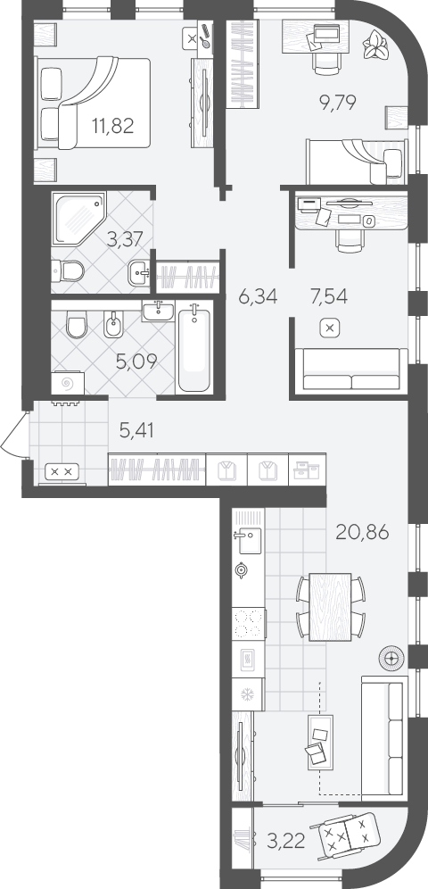 Планировка: 4-комнатная евро 73.4 м² в ЖК Скандиа. Квартал в Комарово Парк, Комарово Парк