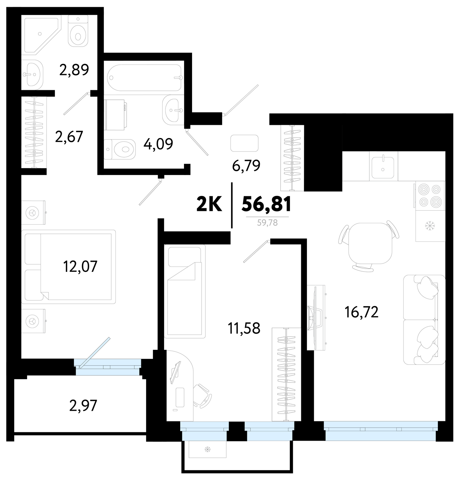 Планировка: Евротрешка 56.8 м² в ЖК Символ, Комарово Парк