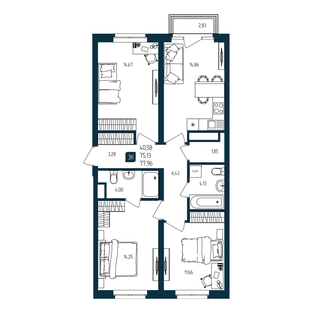 Планировка: 4-комнатная евро 75.1 м² в ЖК Квартал мятный, Мыс