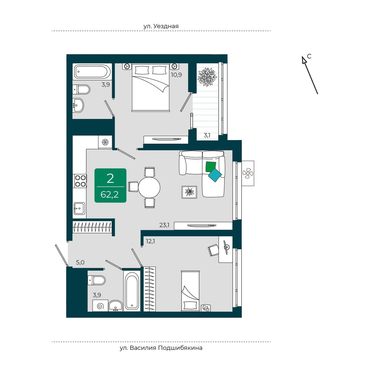 Планировка: Евротрешка 62.2 м² в ЖК Уездные кварталы, Тюменская слобода