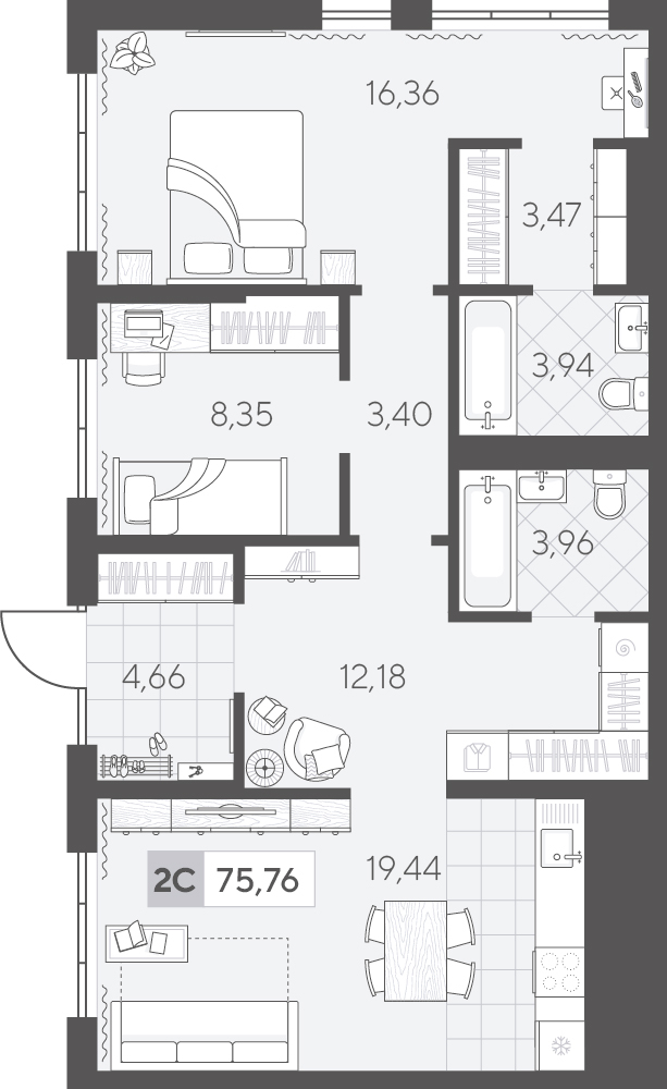 Планировка: Евротрешка 75.8 м² в ЖК Скандиа. Квартал в Комарово Парк, Комарово Парк