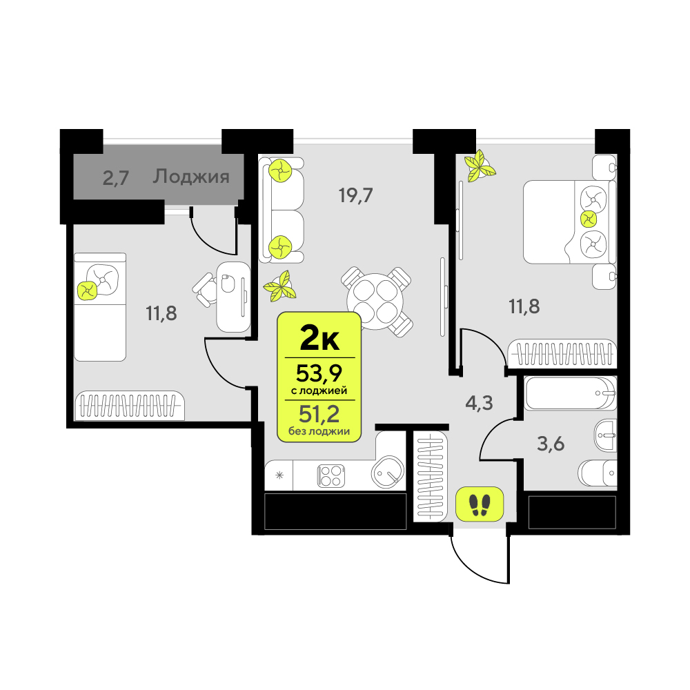 Планировка: Евротрешка 53.9 м² в ЖК Мотивы, От Плеханова до Южного