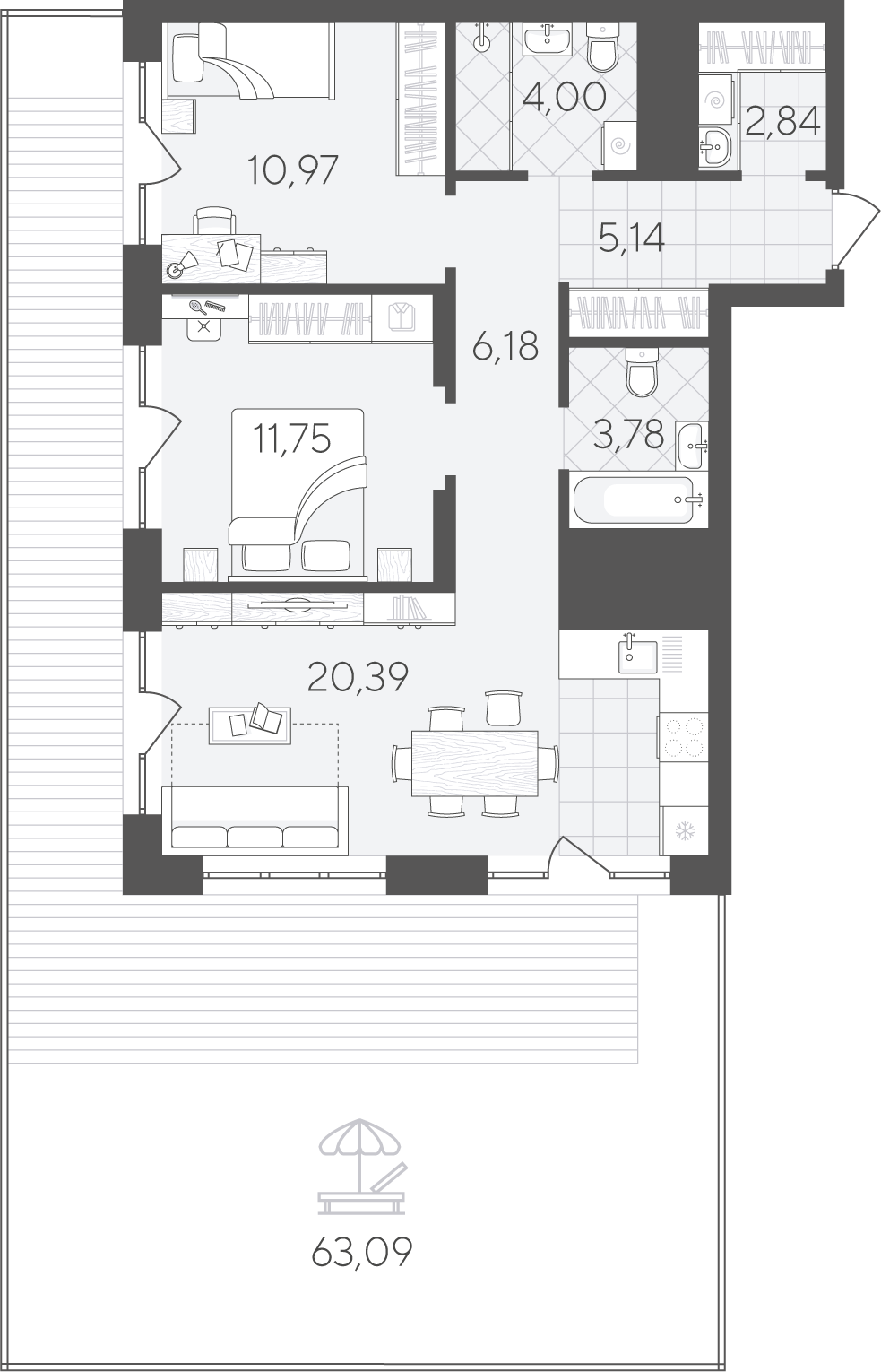 Планировка: Евротрешка 128.1 м² в ЖК Скандиа. Дом на берегу Туры, ДОК