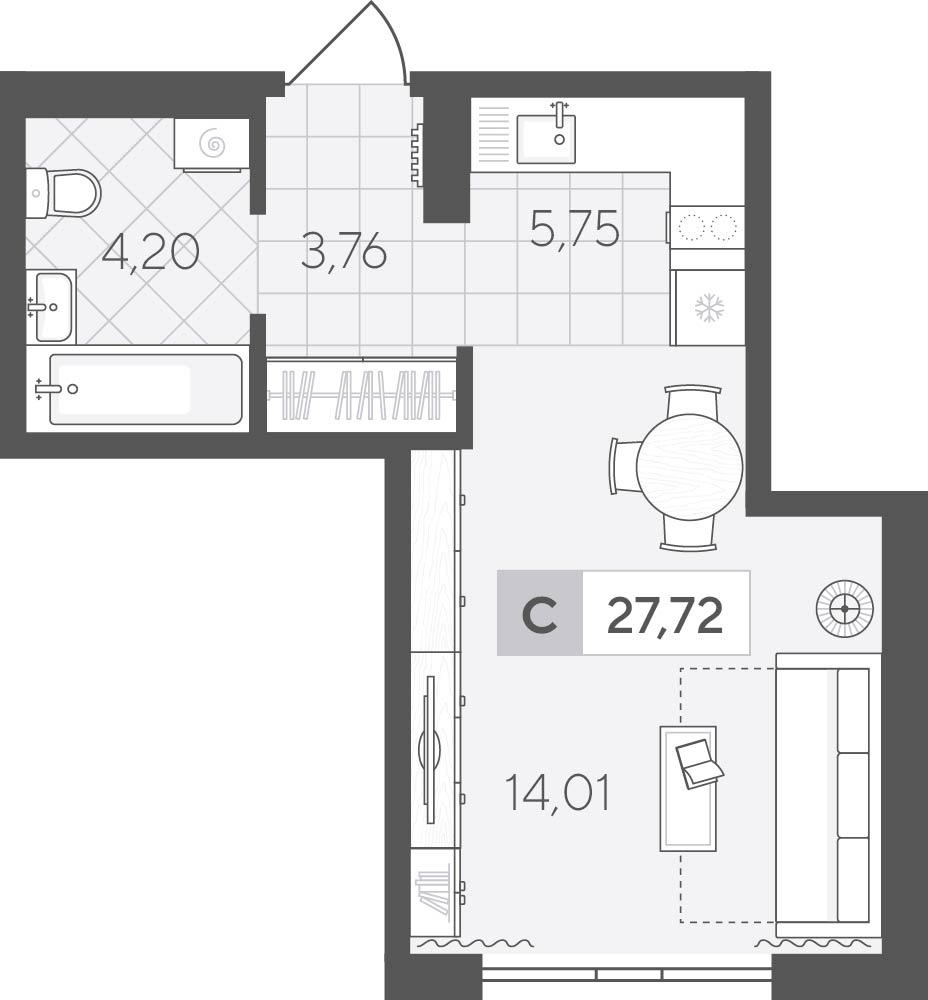 Планировка: Студия 27.7 м² в ЖК Скандиа. Квартал у озера, Лесобаза