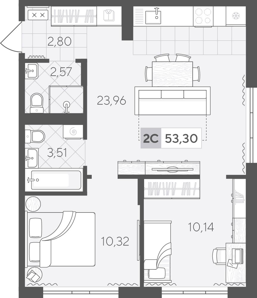 Планировка: Евротрешка 53.3 м² в ЖК Скандиа. Квартал у озера, Лесобаза
