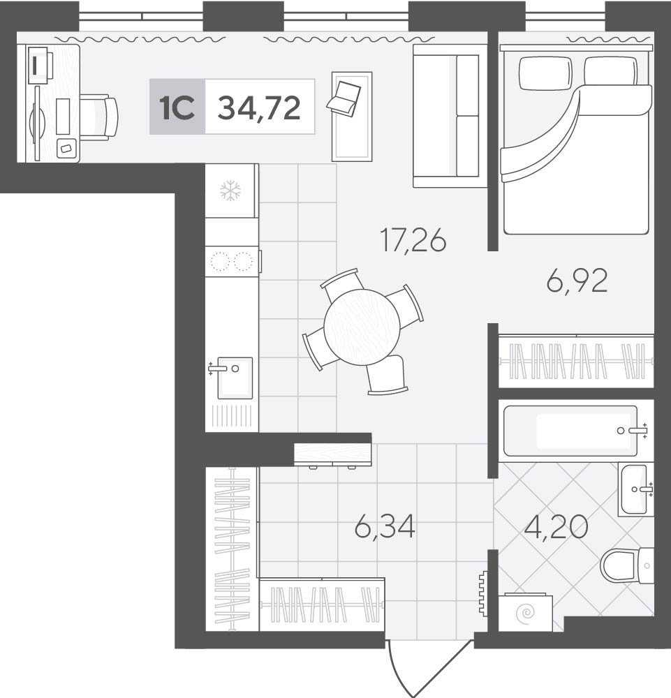 Планировка: Евродвушка 34.7 м² в ЖК Скандиа. Квартал у озера, Лесобаза