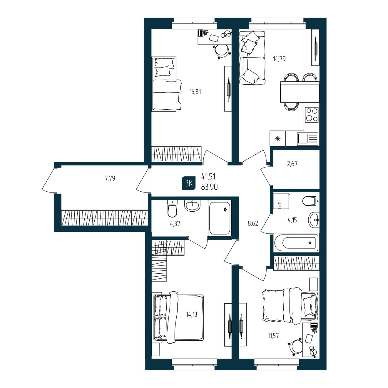 Планировка: 4-комнатная евро 83.9 м² в ЖК Квартал мятный, Мыс