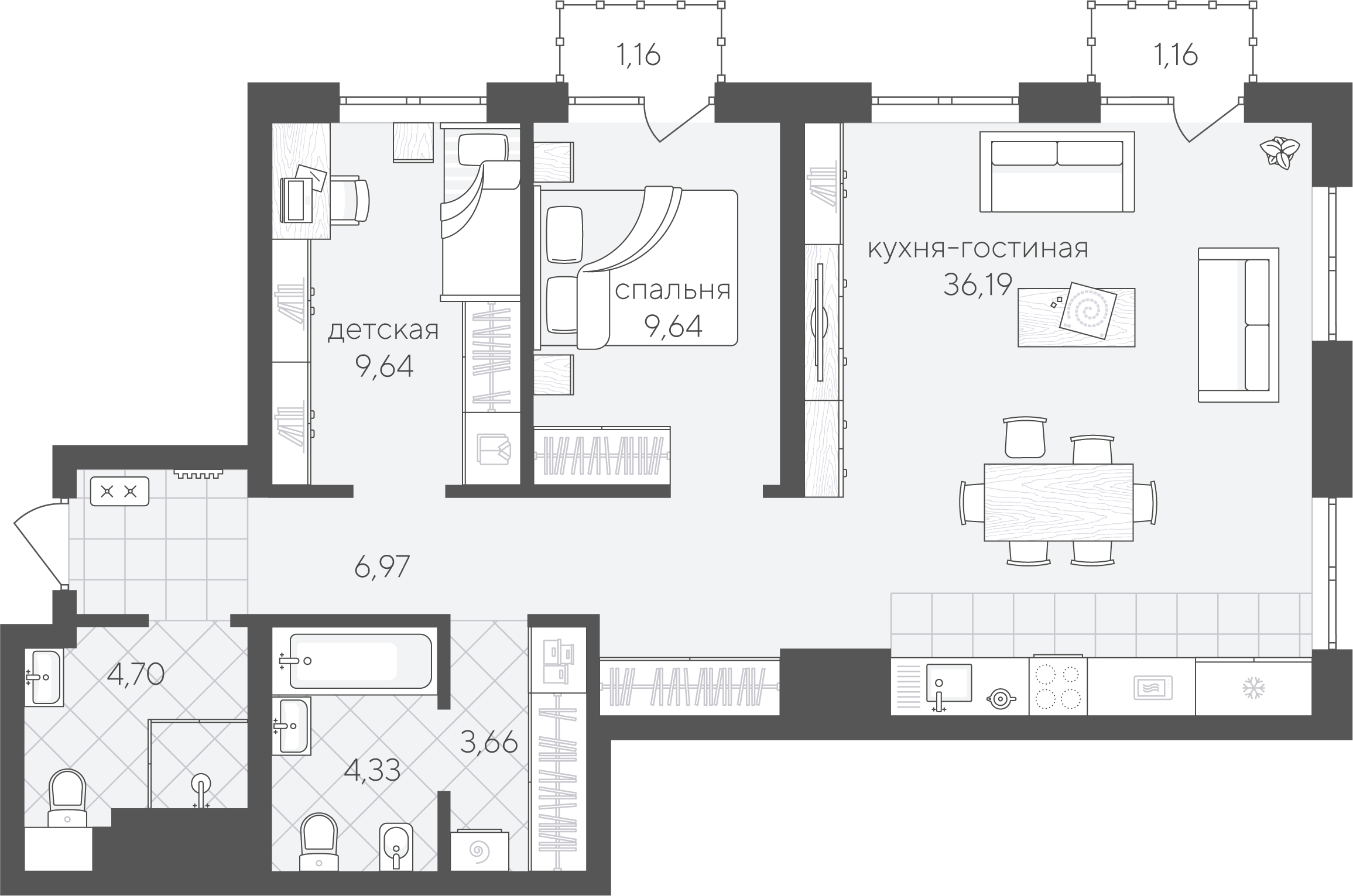 Планировка: Евротрешка 77.5 м² в ЖК Скандиа. Квартал в Комарово Парк, Комарово Парк