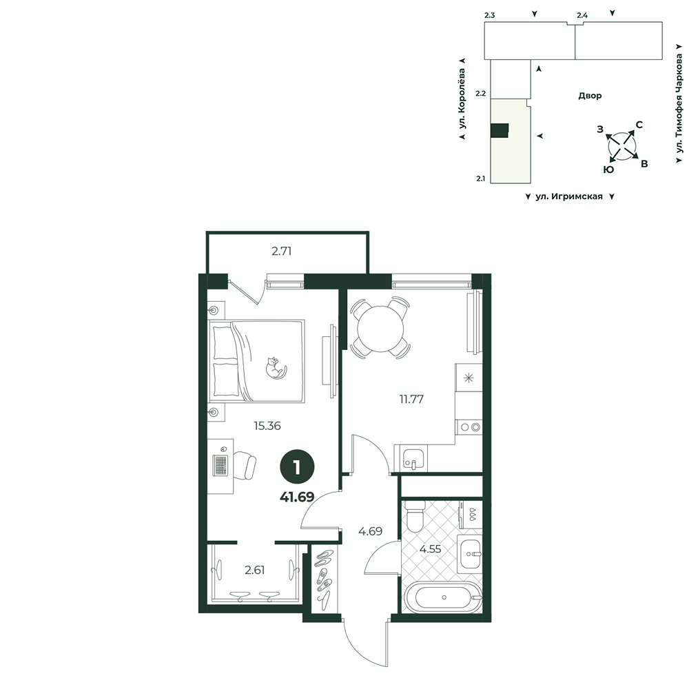 Планировка: 1-комнатная 41.7 м² в ЖК Игрим, От Тарманов до Тобольского тракта