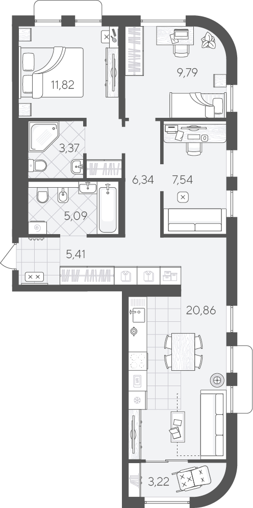 Планировка: 4-комнатная евро 73.4 м² в ЖК Скандиа. Квартал в Комарово Парк, Комарово Парк