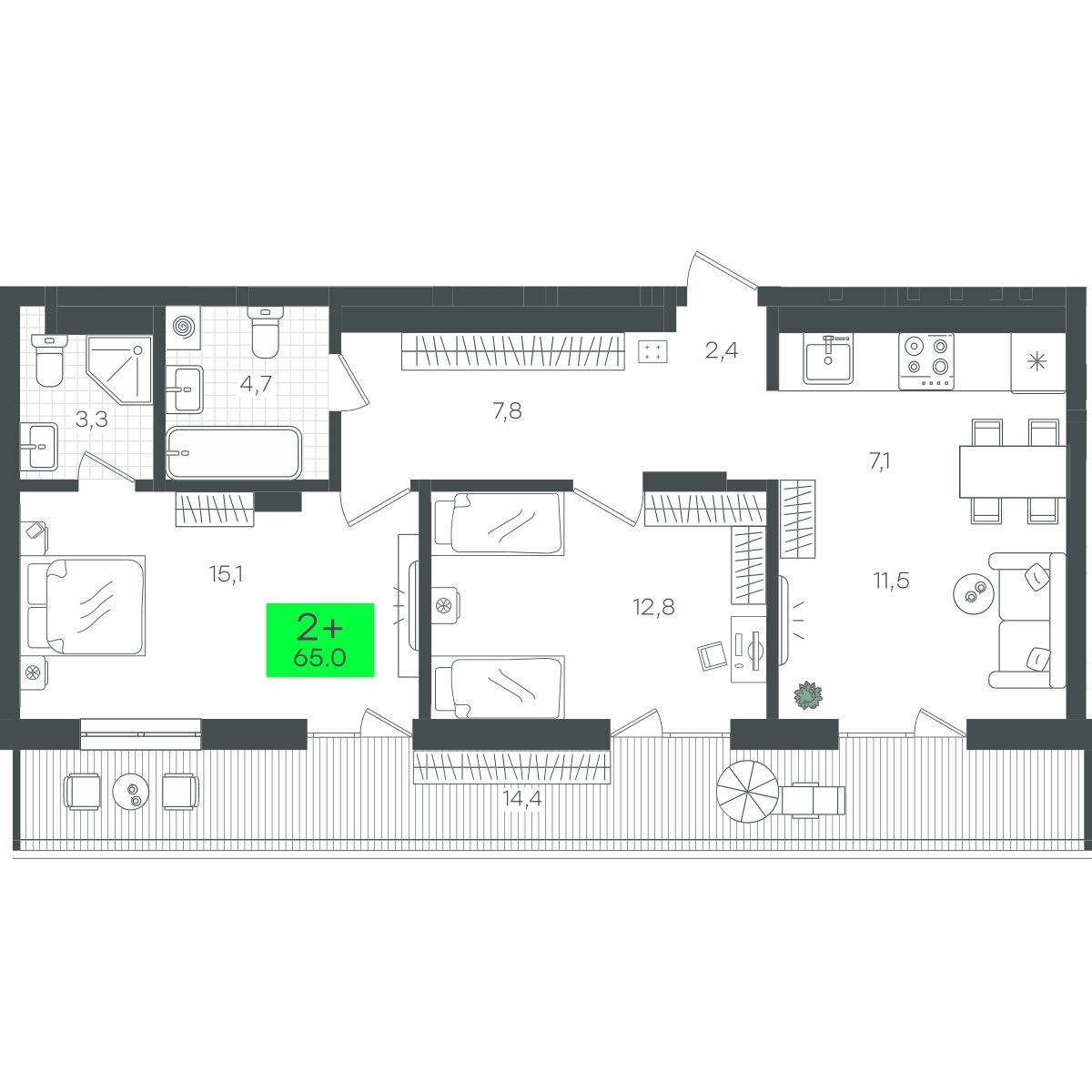 Планировка: Евротрешка 79.5 м² в ЖК Гранд Квартал, Комарово Парк