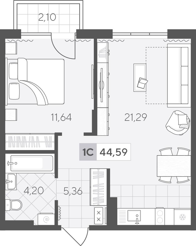 Планировка: Евродвушка 44.6 м² в ЖК Скандиа. Квартал у озера, Лесобаза