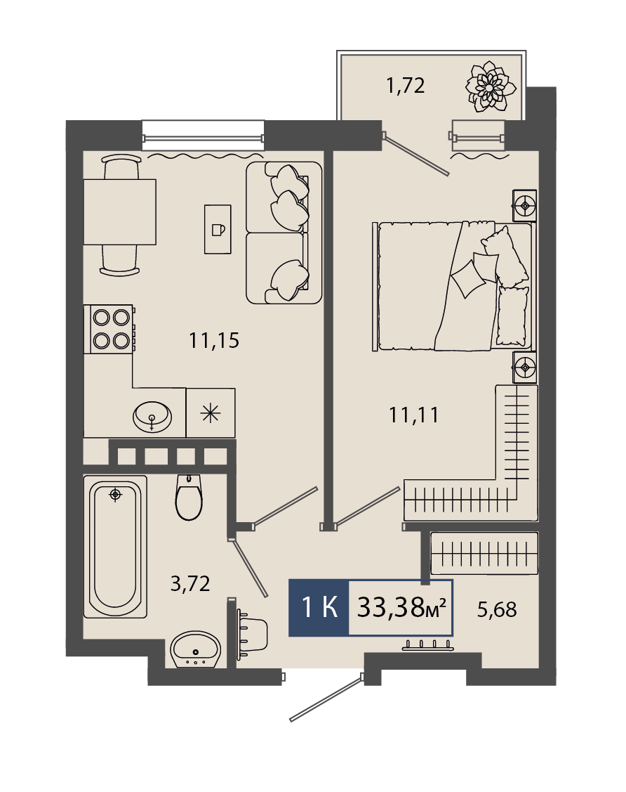 Планировка: 1-комнатная 33.4 м² в ЖК Смородина, Мелиораторов
