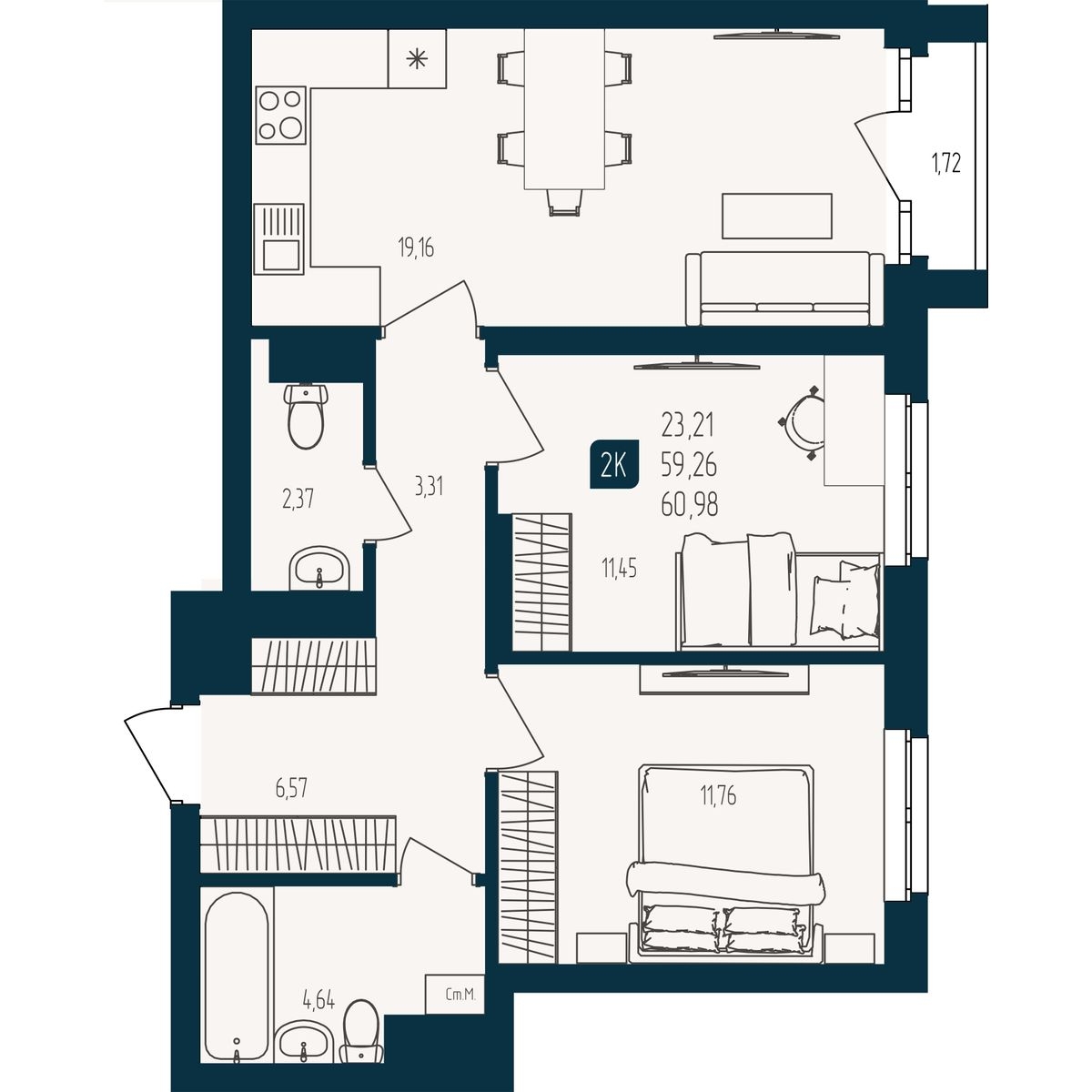 Планировка: Евротрешка 59.3 м² в ЖК Квартал мятный, Мыс