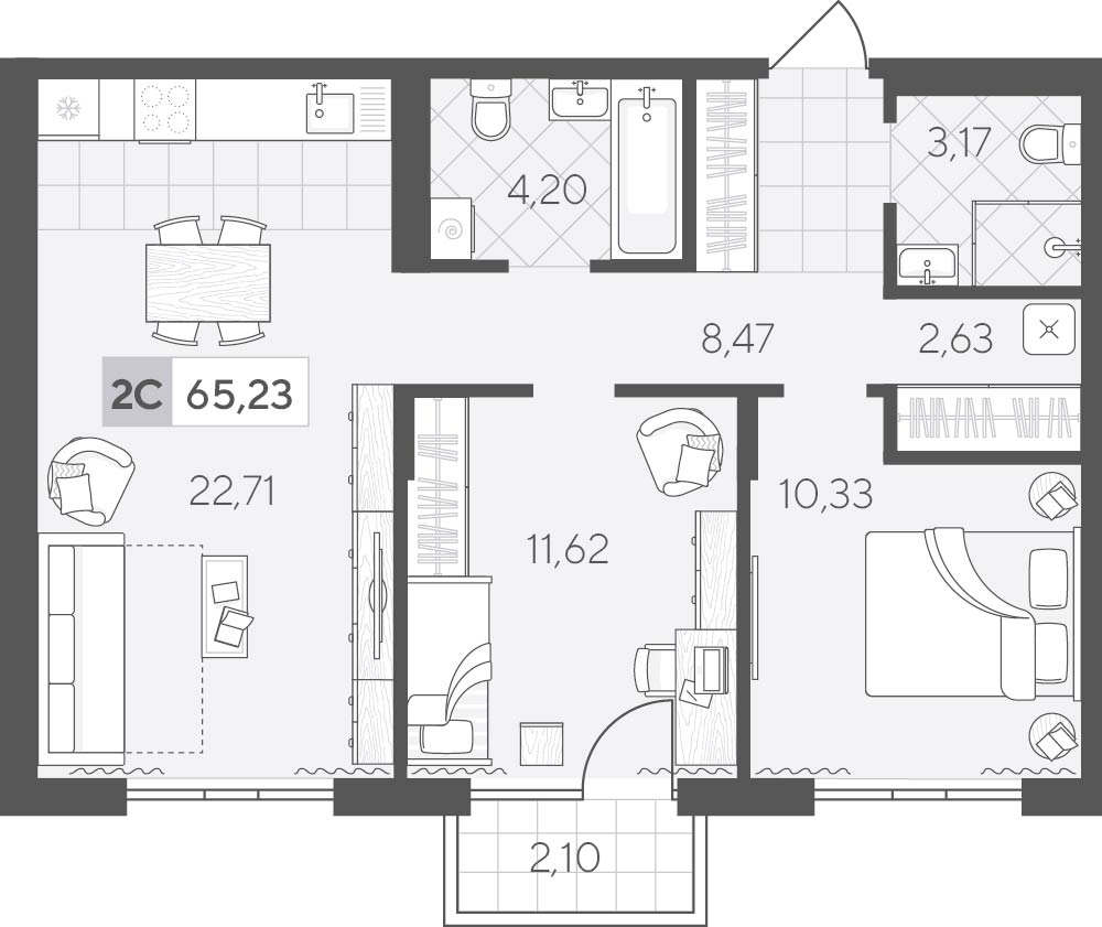 Планировка: Евротрешка 65.2 м² в ЖК Скандиа. Квартал у озера, Лесобаза