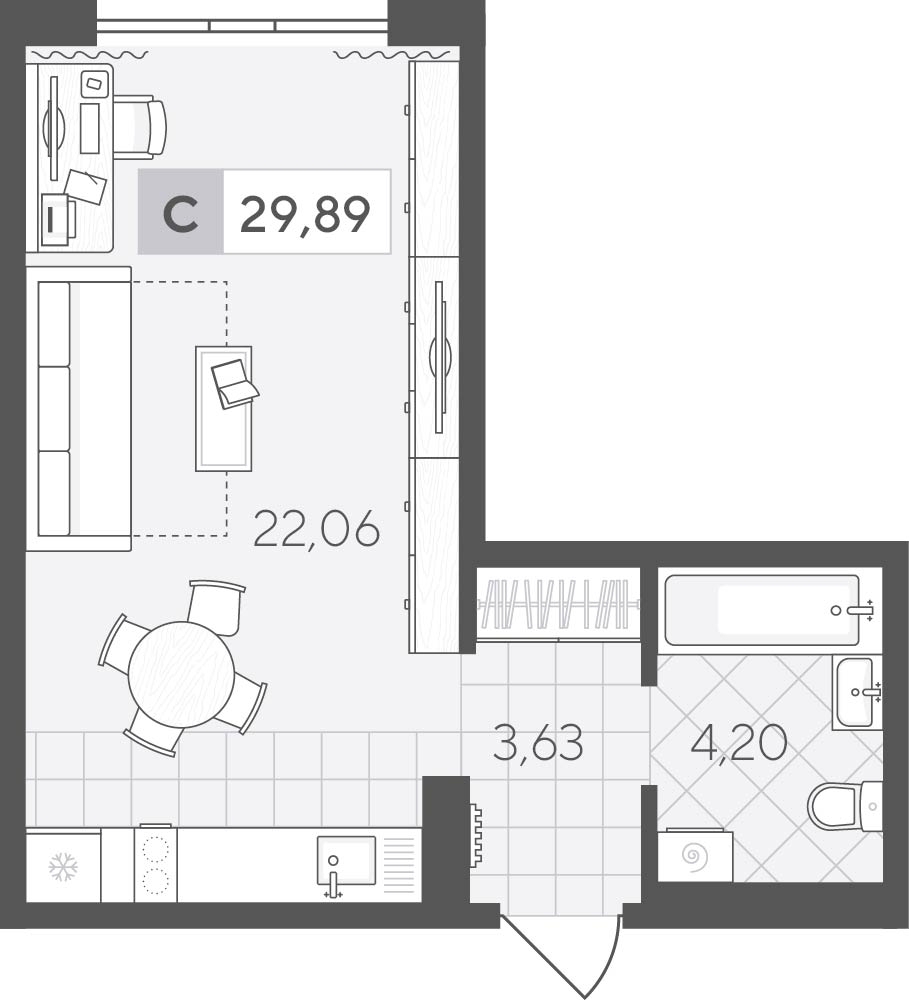 Планировка: Студия 29.9 м² в ЖК Скандиа. Квартал у озера, Лесобаза