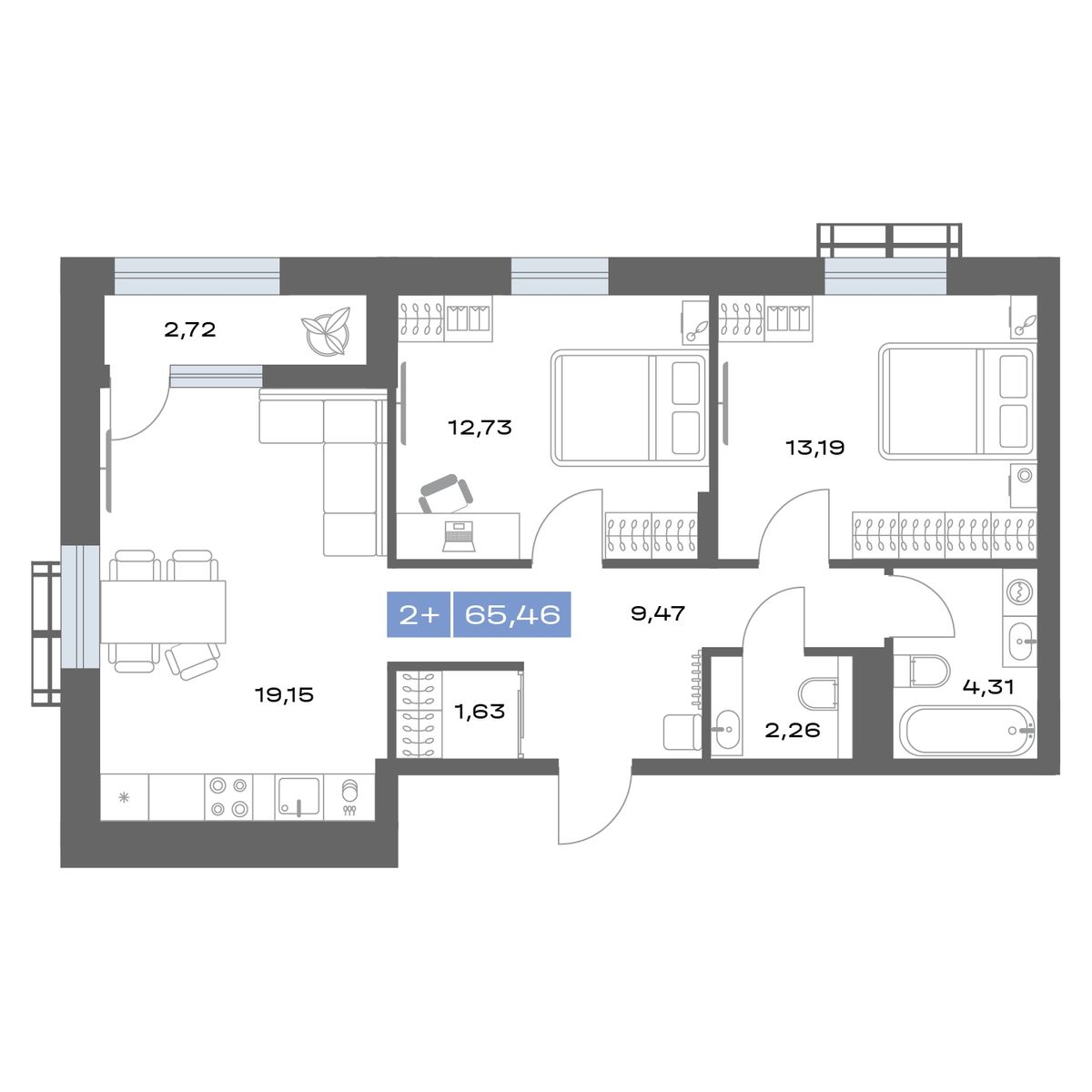 Планировка: Евротрешка 65.5 м² в ЖК Дом на ММС, ММС